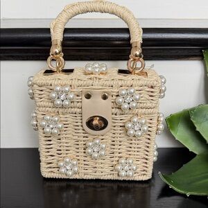 New w/tag Jenna Lee pearl wicker straw satchel purse handbag bridal honeymoon